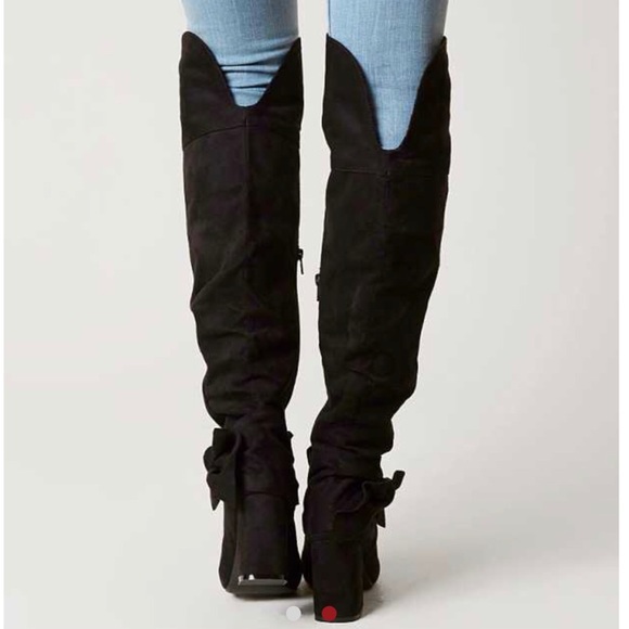 Black Over The Knee Oversize Bow Slouchy Boots - Picture 3 of 5